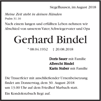Traueranzeige von Gerhard Bindel von Marbacher Zeitung