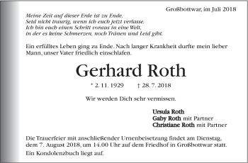 Traueranzeige von Gerhard Roth von Marbacher Zeitung