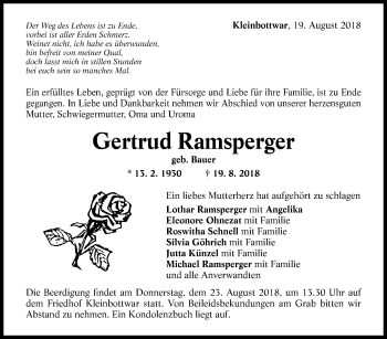 Traueranzeige von Gertrud Ramsperger von Marbacher Zeitung