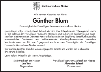 Traueranzeige von Günther Blum von Marbacher Zeitung
