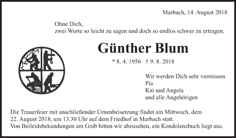  Traueranzeige für Günther Blum vom 14.08.2018 aus Marbacher Zeitung