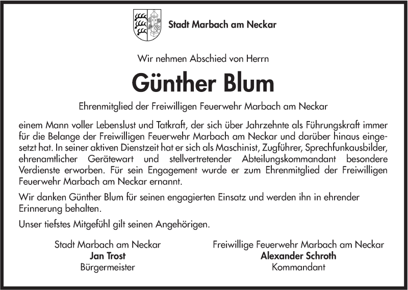  Traueranzeige für Günther Blum vom 14.08.2018 aus Marbacher Zeitung