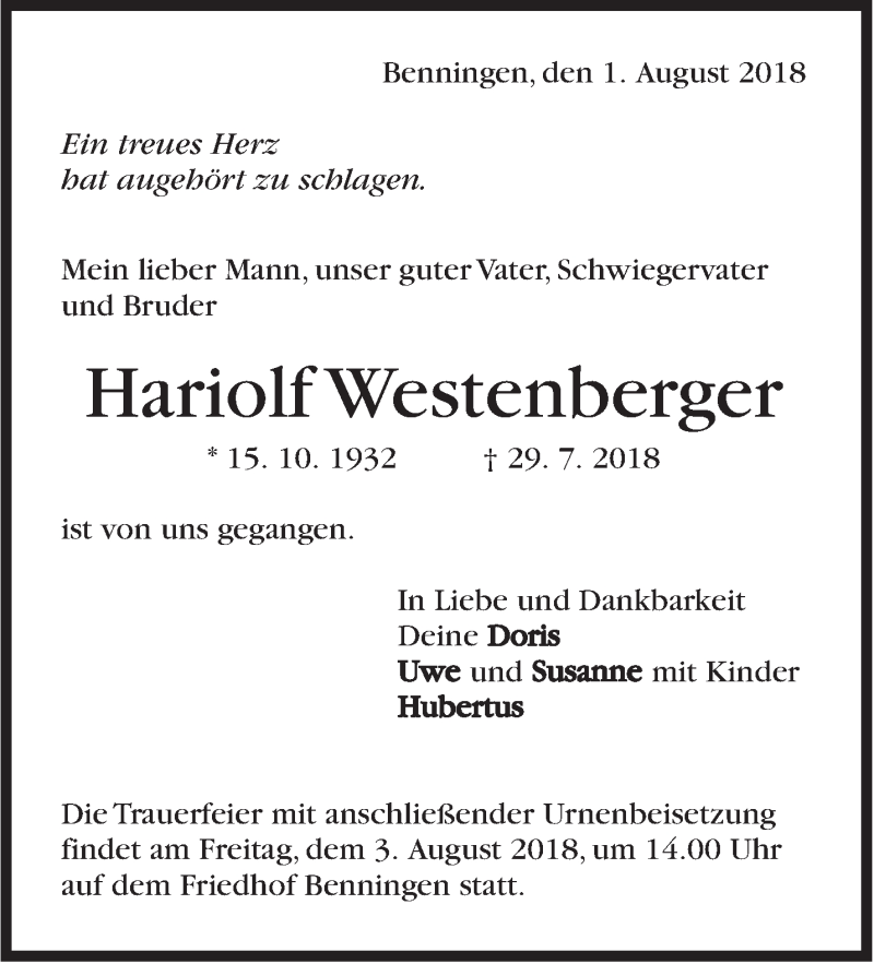  Traueranzeige für Hariolf Westenberger vom 01.08.2018 aus Marbacher Zeitung