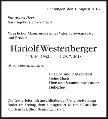 Traueranzeige von Hariolf Westenberger von Marbacher Zeitung