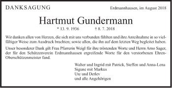 Traueranzeige von Hartmut Gundermann von Marbacher Zeitung