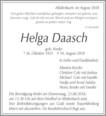 Traueranzeige von Helga Daasch von Marbacher Zeitung