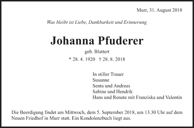 Traueranzeige für Johanna Pfuderer vom 31.08.2018 aus Marbacher Zeitung