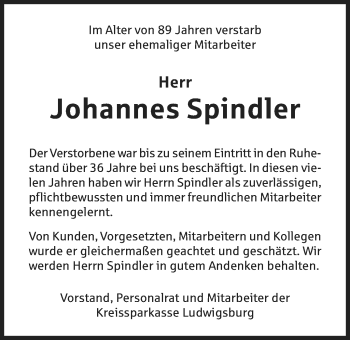 Traueranzeige von Johannes Spindler von Marbacher Zeitung