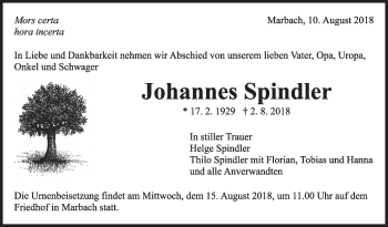 Traueranzeige von Johannes Spindler von Marbacher Zeitung
