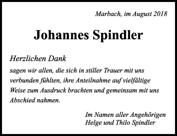 Traueranzeige von Johannes Spindler von Marbacher Zeitung