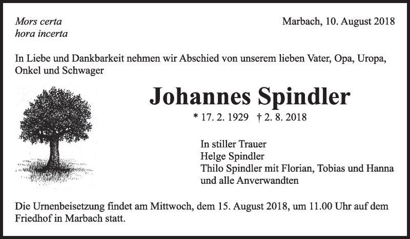  Traueranzeige für Johannes Spindler vom 10.08.2018 aus Marbacher Zeitung