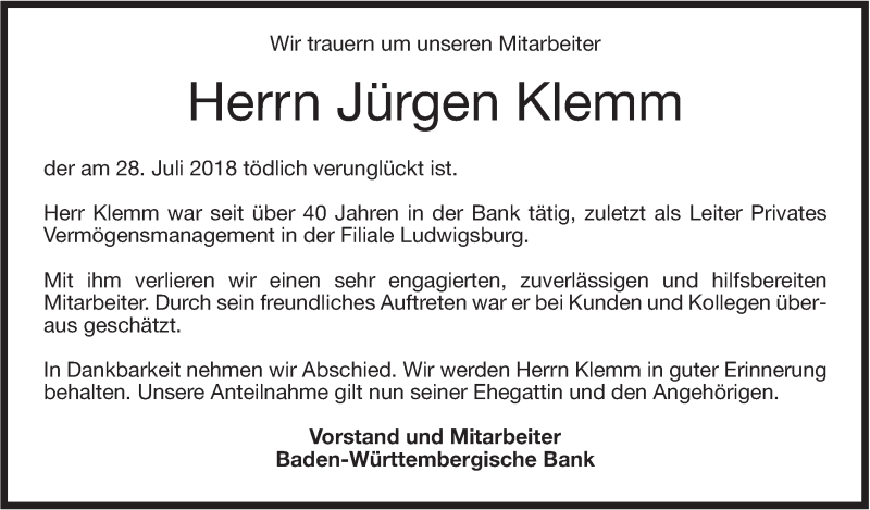  Traueranzeige für Jürgen Klemm vom 03.08.2018 aus Marbacher Zeitung