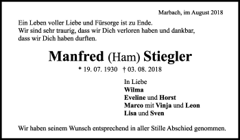 Traueranzeige von Manfred  Stiegler von Marbacher Zeitung