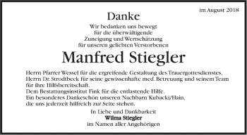 Traueranzeige von Manfred  Stiegler von Marbacher Zeitung