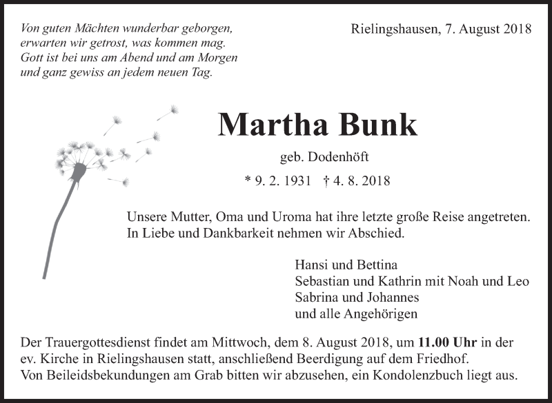  Traueranzeige für Martha Bunk vom 07.08.2018 aus Marbacher Zeitung