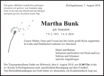 Traueranzeige von Martha Bunk von Marbacher Zeitung