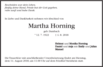 Traueranzeige von Martha Horning von Marbacher Zeitung
