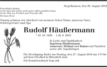 Traueranzeige von Rudolf Häußermann von Marbacher Zeitung