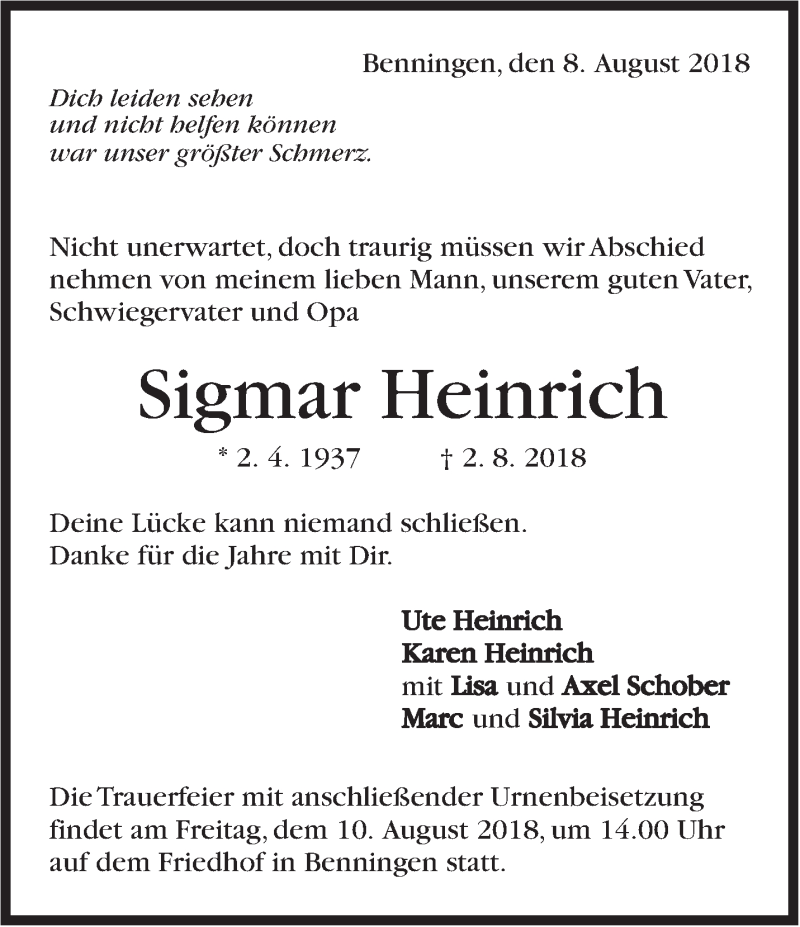  Traueranzeige für Sigmar Heinrich vom 08.08.2018 aus Marbacher Zeitung