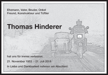 Traueranzeige von Thomas Hinderer von Marbacher Zeitung