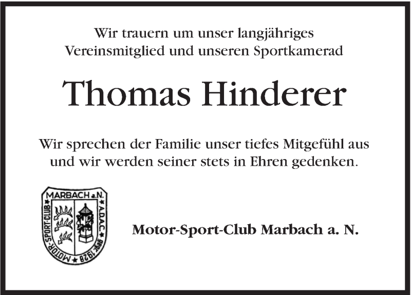  Traueranzeige für Thomas Hinderer vom 04.08.2018 aus Marbacher Zeitung