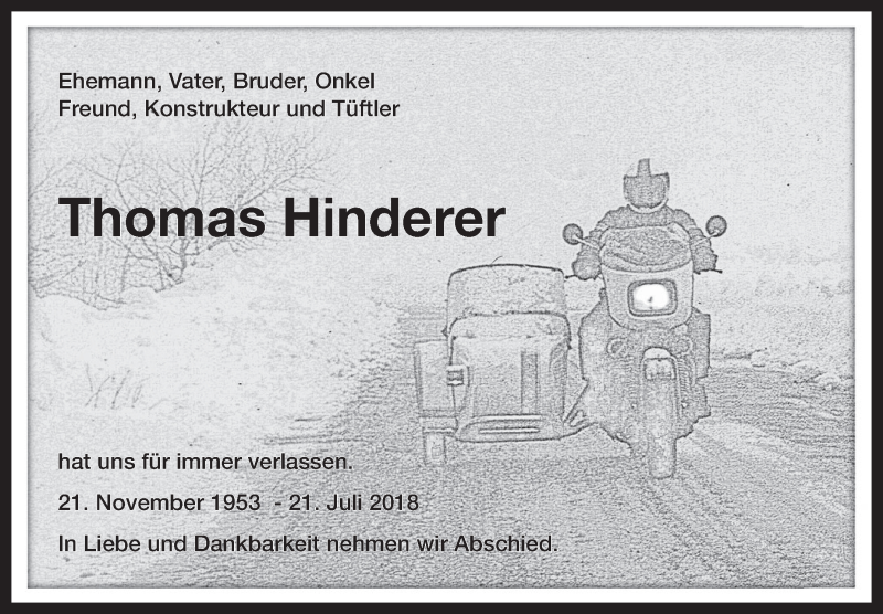  Traueranzeige für Thomas Hinderer vom 04.08.2018 aus Marbacher Zeitung