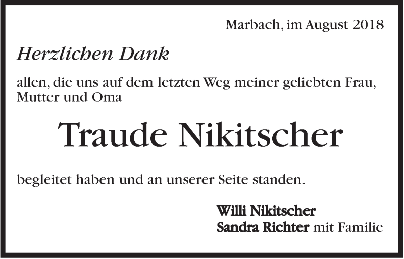  Traueranzeige für Traude Nikitscher vom 02.08.2018 aus Marbacher Zeitung