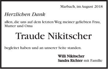 Traueranzeige von Traude Nikitscher von Marbacher Zeitung