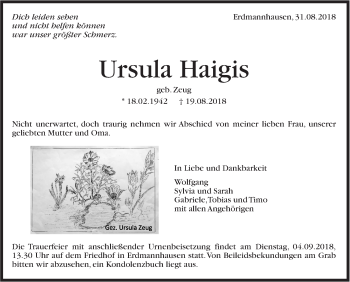Traueranzeige von Ursula Haigis von Marbacher Zeitung