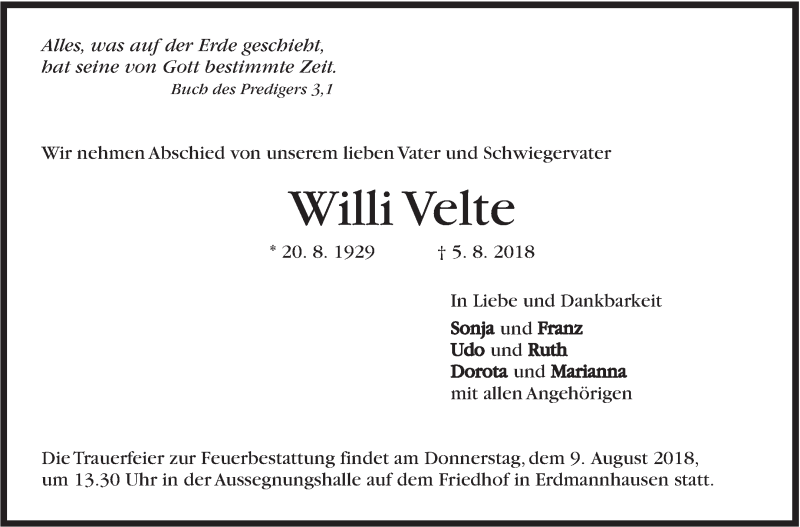  Traueranzeige für Willi Velte vom 07.08.2018 aus Marbacher Zeitung