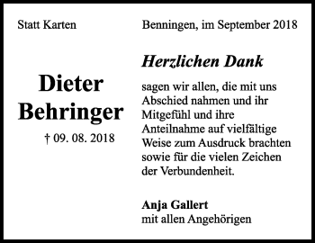 Traueranzeige von Dieter Behringer von Marbacher Zeitung
