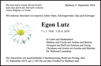 Traueranzeige von Egon Lutz von Marbacher Zeitung