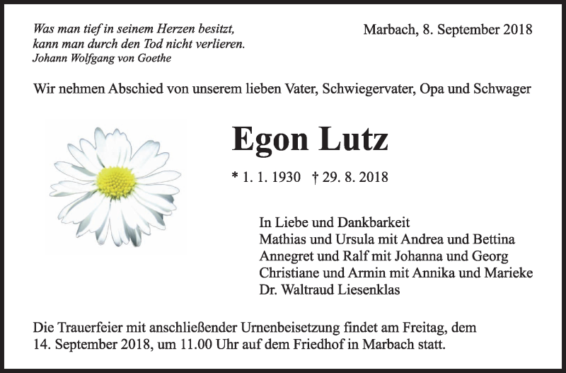  Traueranzeige für Egon Lutz vom 08.09.2018 aus Marbacher Zeitung