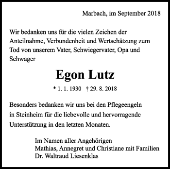 Traueranzeige von Egon Lutz von Marbacher Zeitung
