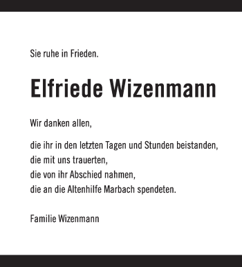 Traueranzeige von Elfriede Wizenmann von Marbacher Zeitung