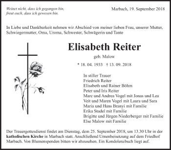 Traueranzeige von Elisabeth Reiter von Marbacher Zeitung