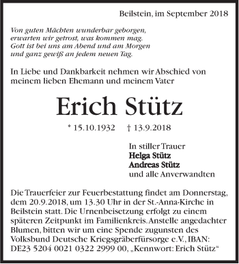 Traueranzeige von Erich Stütz von Marbacher Zeitung