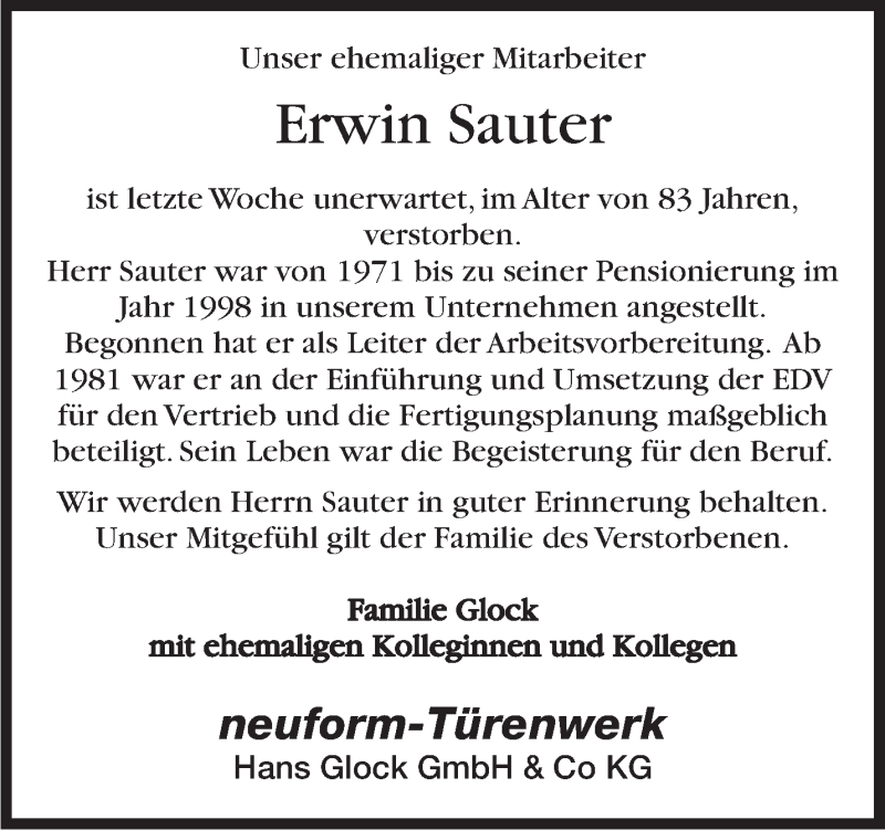  Traueranzeige für Erwin Sauter vom 26.09.2018 aus Marbacher Zeitung