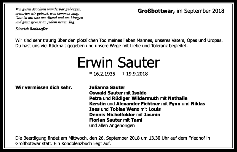  Traueranzeige für Erwin Sauter vom 22.09.2018 aus Marbacher Zeitung