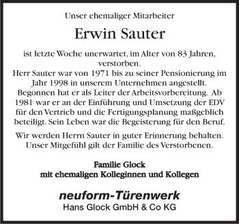 Traueranzeige von Erwin Sauter von Marbacher Zeitung
