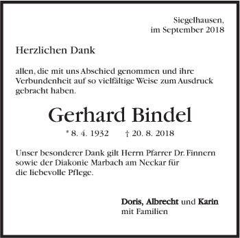 Traueranzeige von Gerhard Bindel von Marbacher Zeitung