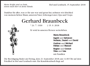 Traueranzeige von Gerhard Braunbeck von Marbacher Zeitung