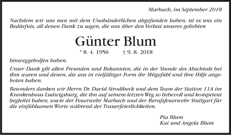  Traueranzeige für Günther Blum vom 20.09.2018 aus Marbacher Zeitung