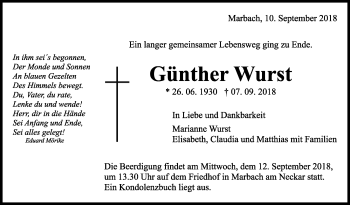 Traueranzeige von Günther Wurst von Marbacher Zeitung