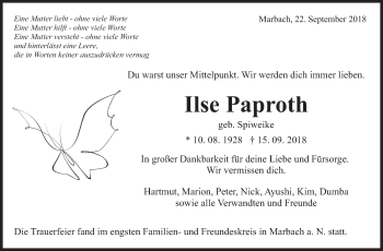Traueranzeige von Ilse Paproth von Marbacher Zeitung