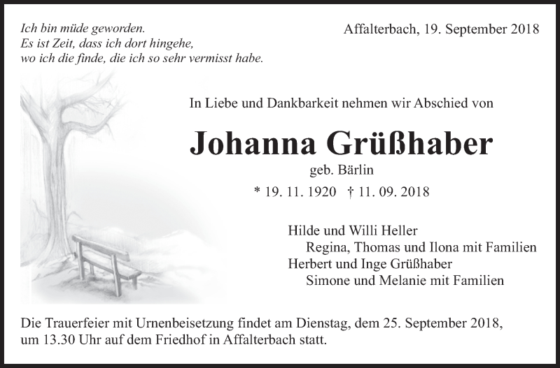  Traueranzeige für Johanna Grüßhaber vom 19.09.2018 aus Marbacher Zeitung