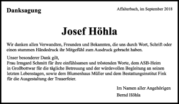Traueranzeige von Josef Höhla von Marbacher Zeitung