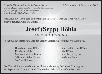 Traueranzeige von Josef Höhla von Marbacher Zeitung