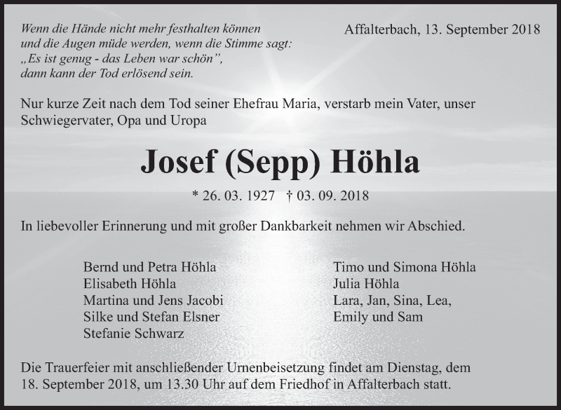  Traueranzeige für Josef Höhla vom 13.09.2018 aus Marbacher Zeitung
