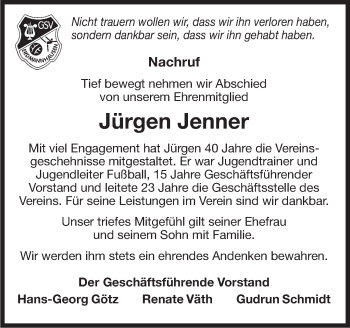 Traueranzeige von Jürgen Jenner von Marbacher Zeitung